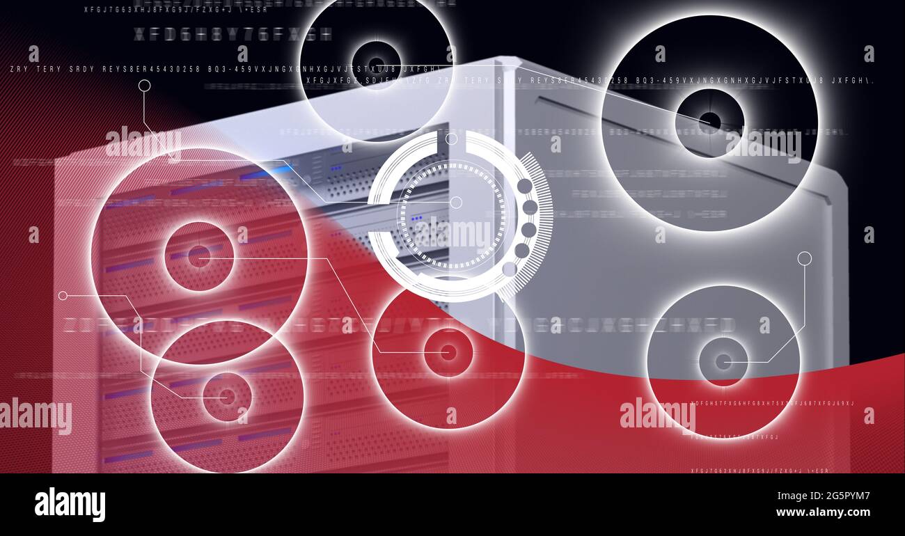 Scanner Rnd Round scanners and data processing against computer server against red ...