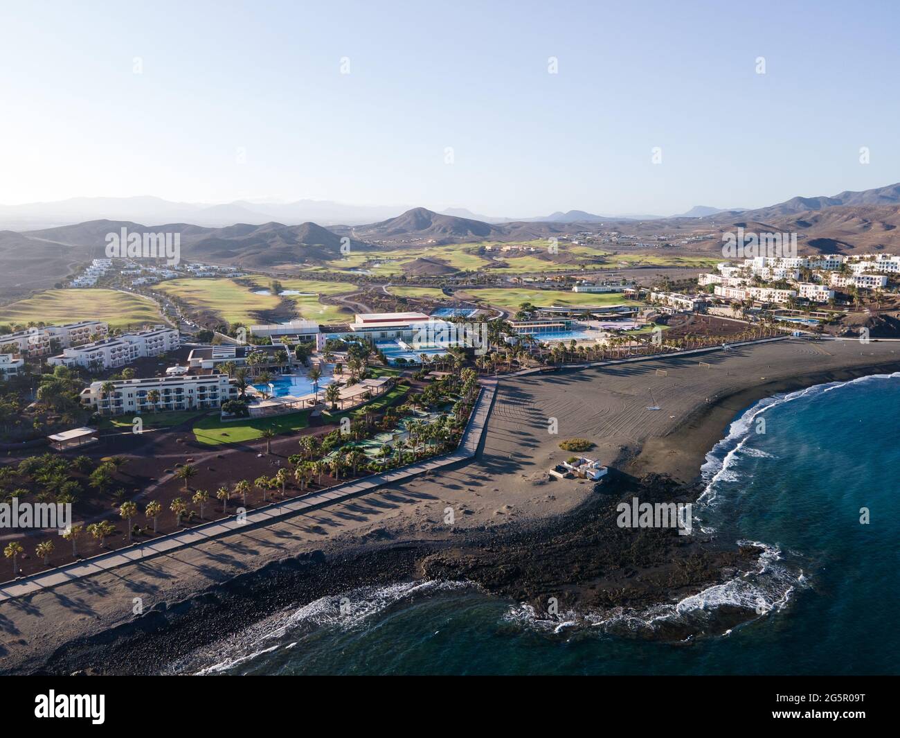 Las Playitas beach and Playitas golf aerial shot, Fuerteventura Stock Photo