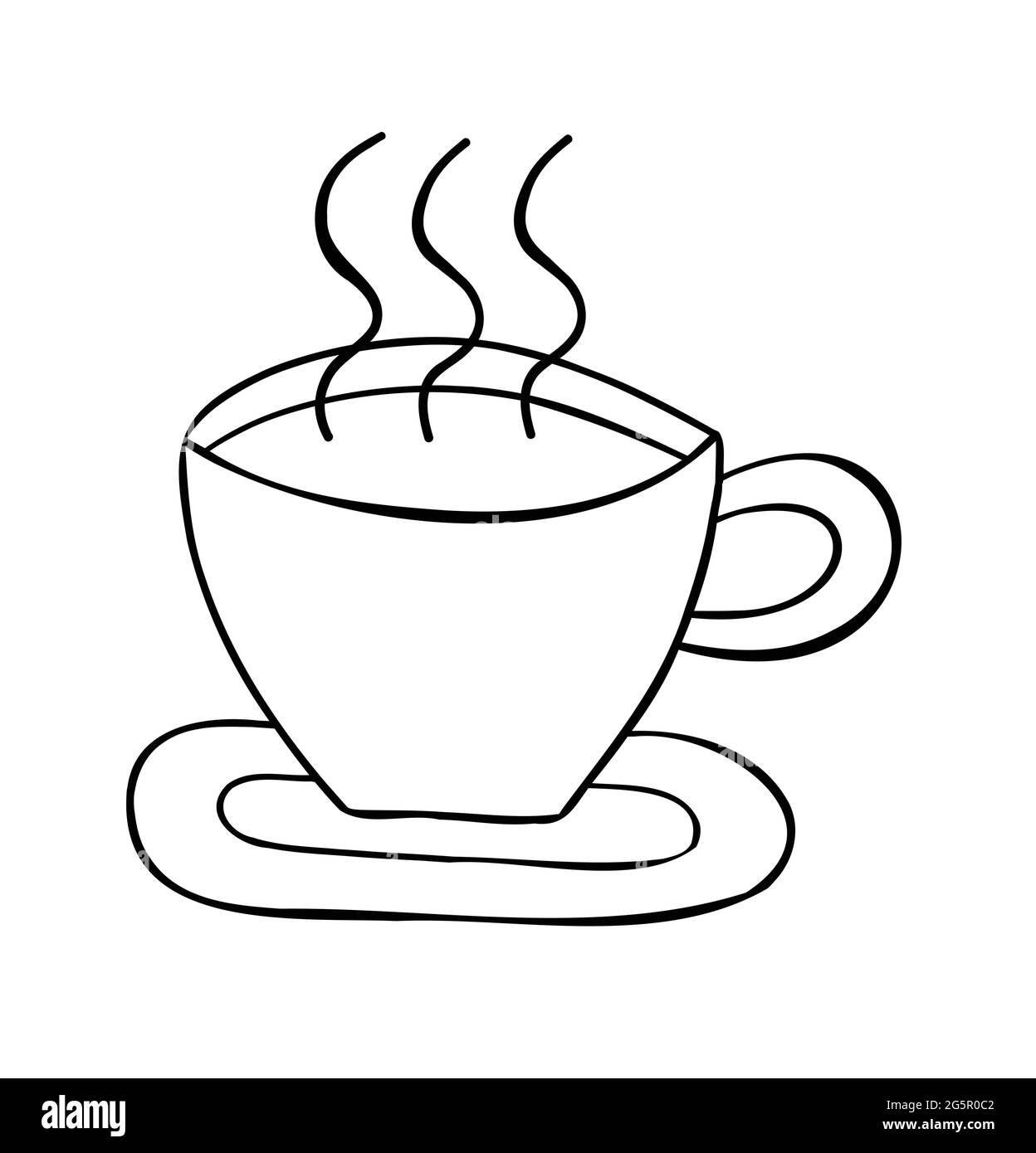 Cartoon vector illustration of a cup of hot coffee. Black outlined and
