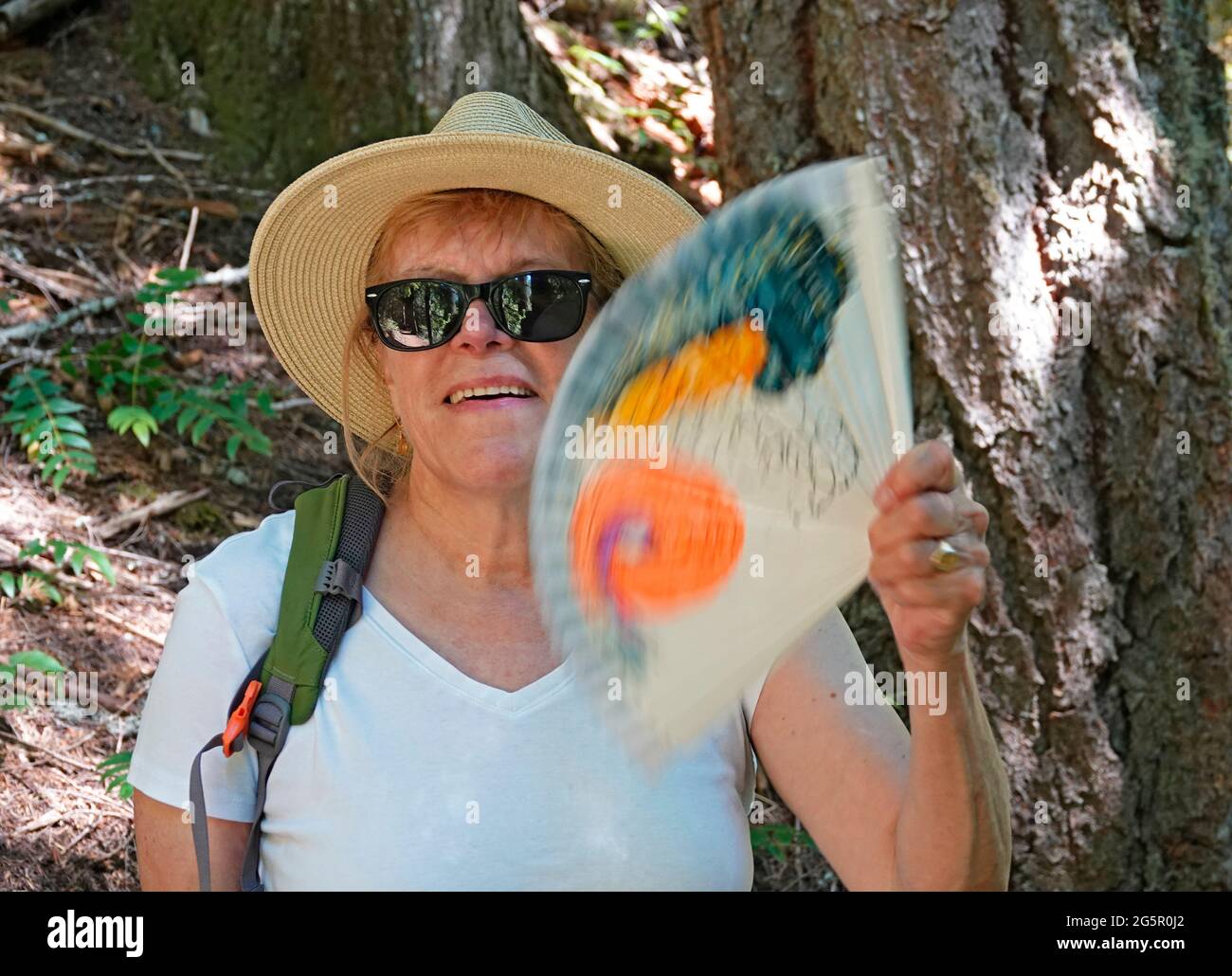 A middle-aged senior citizen using a fan to cool herself while hiking in the Cascade Mountains of central Oregon. Stock Photo