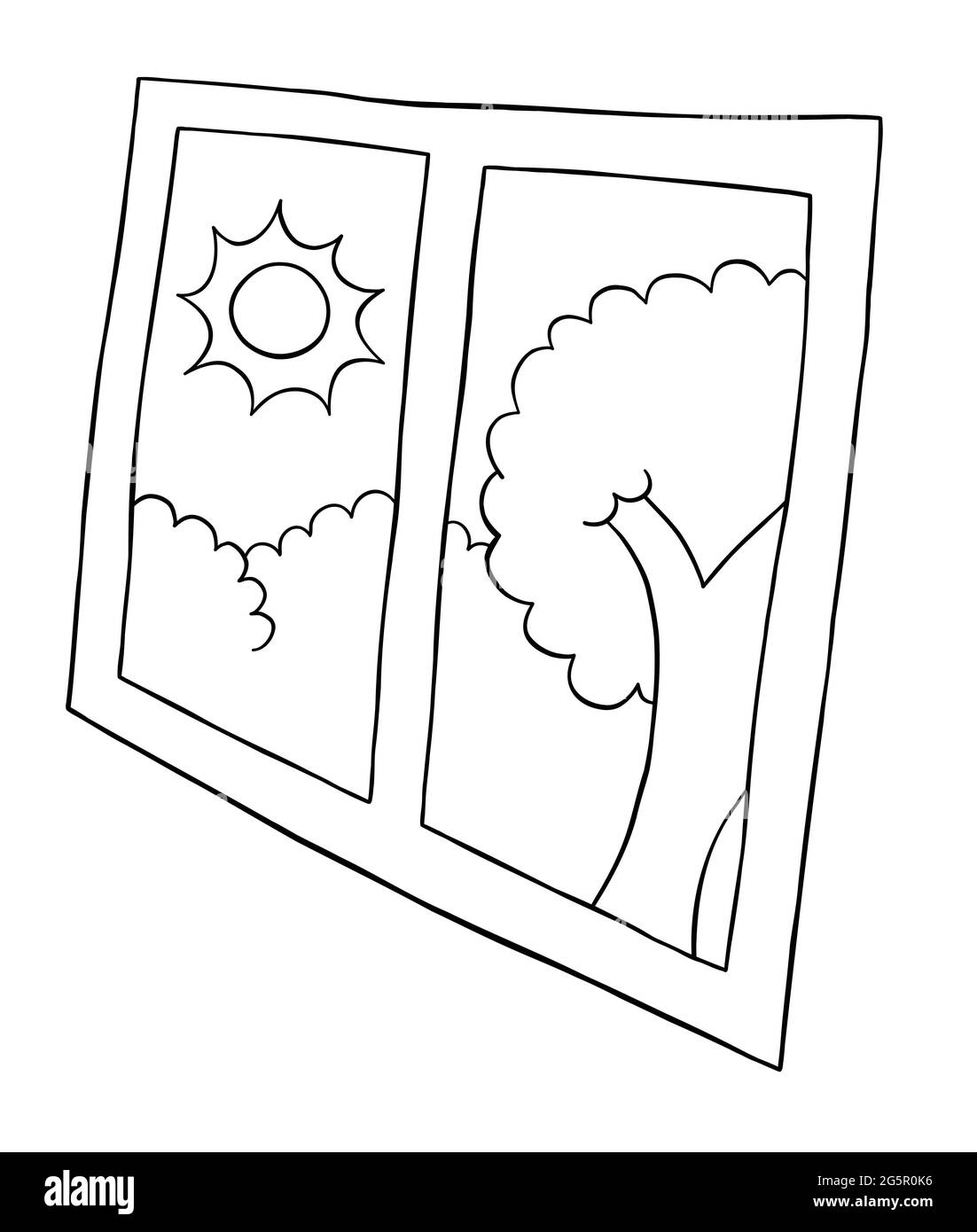 Cartoon vector illustration of window and day, sun and tree. Black ...