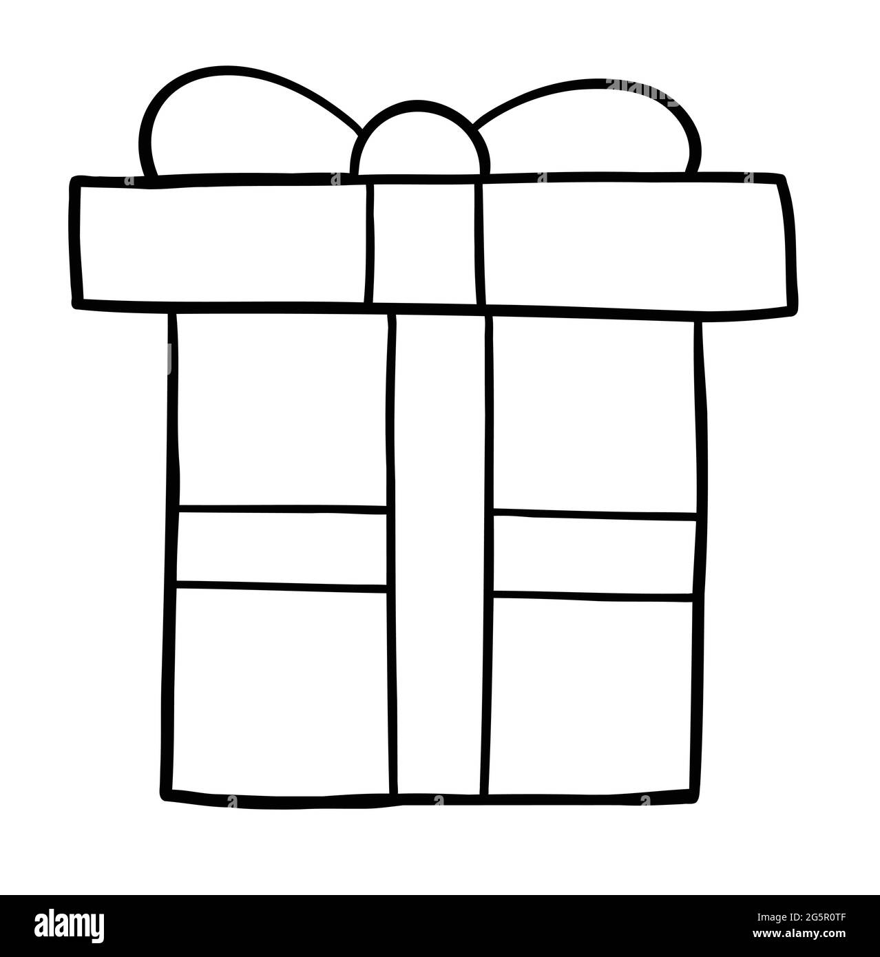 Cartoon vector illustration of gift box. Black outlined and white colored Stock Vector Image