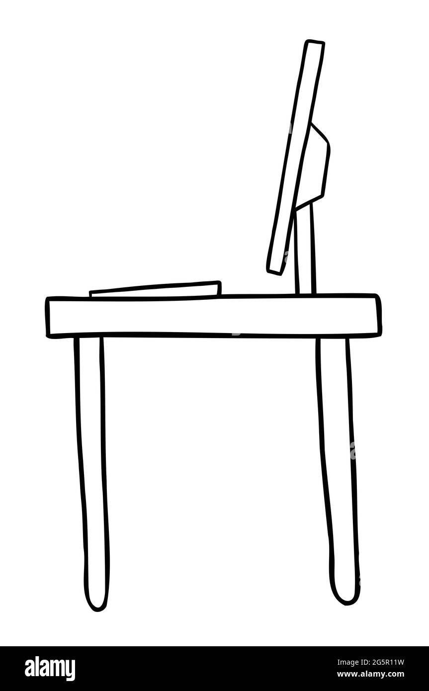 Cartoon vector illustration of computer desk. Black outlined and white