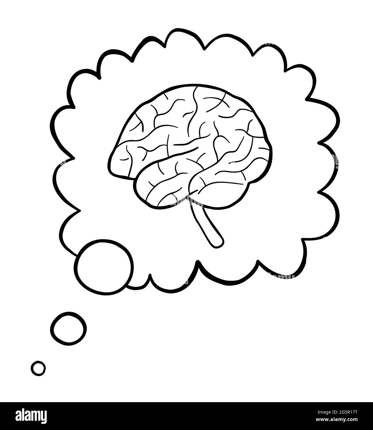 Cartoon vector illustration of brain in thought bubble. Black outlined and white colored Stock