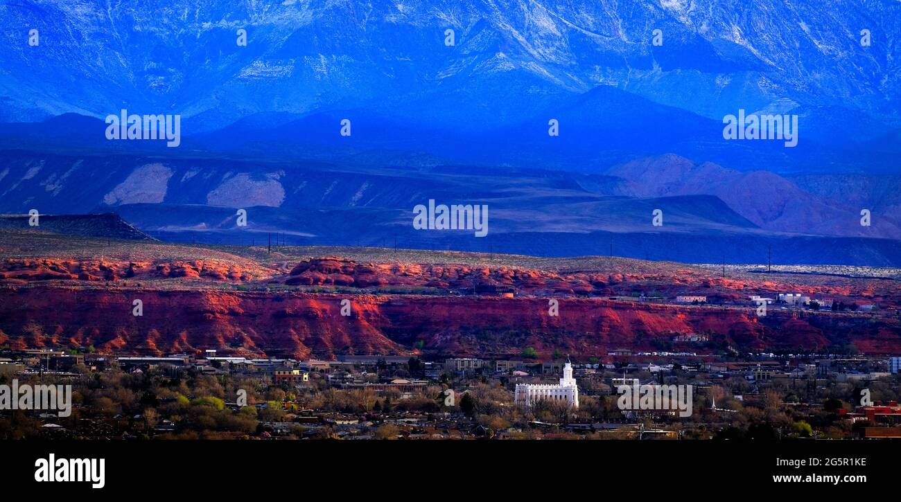 View of St. George Utah valley with Mormon LDS Temple red rocks and ...