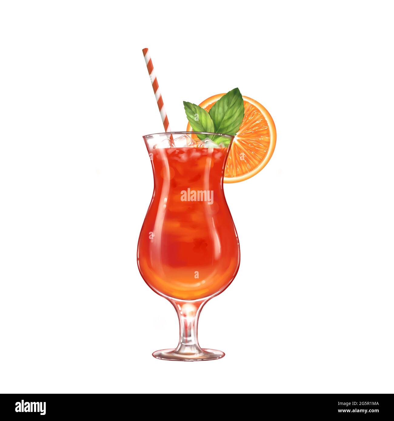 Summer cocktail in glass with orange slice and drinking straw