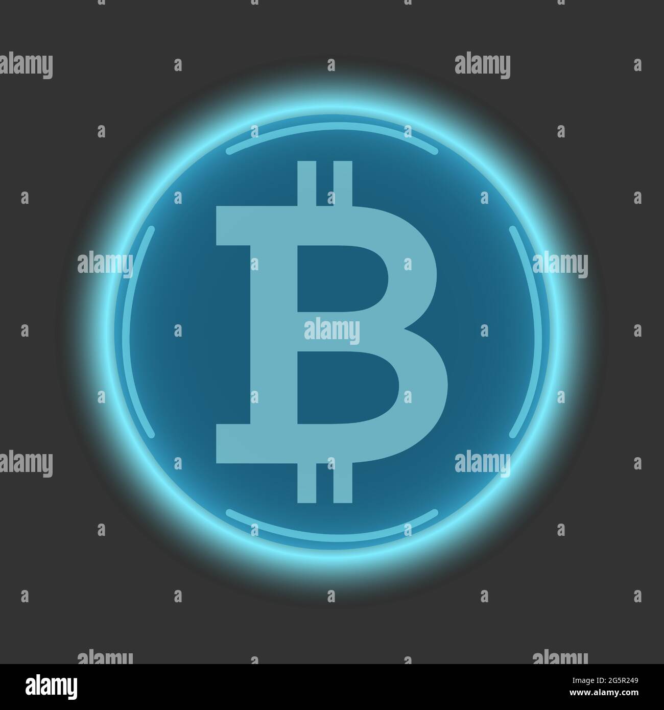 Blue glowing bitcoin button on a dark background. 3D rendering. Blockchain technology, digital currency of the future. Vector illustration. Stock Vector