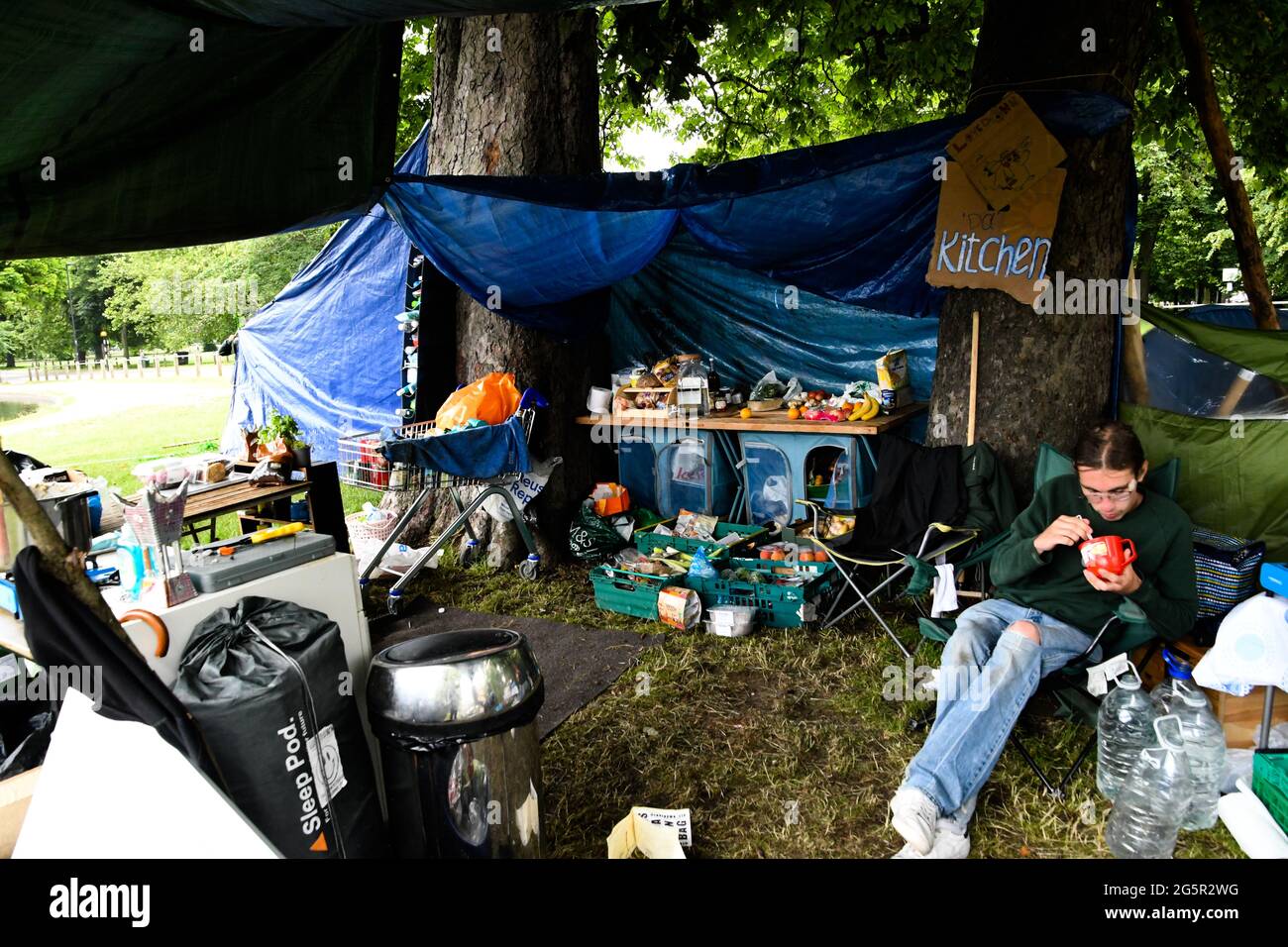 London, UK, 29 June 2021, Forty camping tents in Clapham Common are calling on the UK government to repeal the Coronavirus Act It hurts seniors and the NHS, We are here to reclaim our communities, Lockdown is an impediment to our freedom on 29 June 2021 in London, UK. Stock Photo