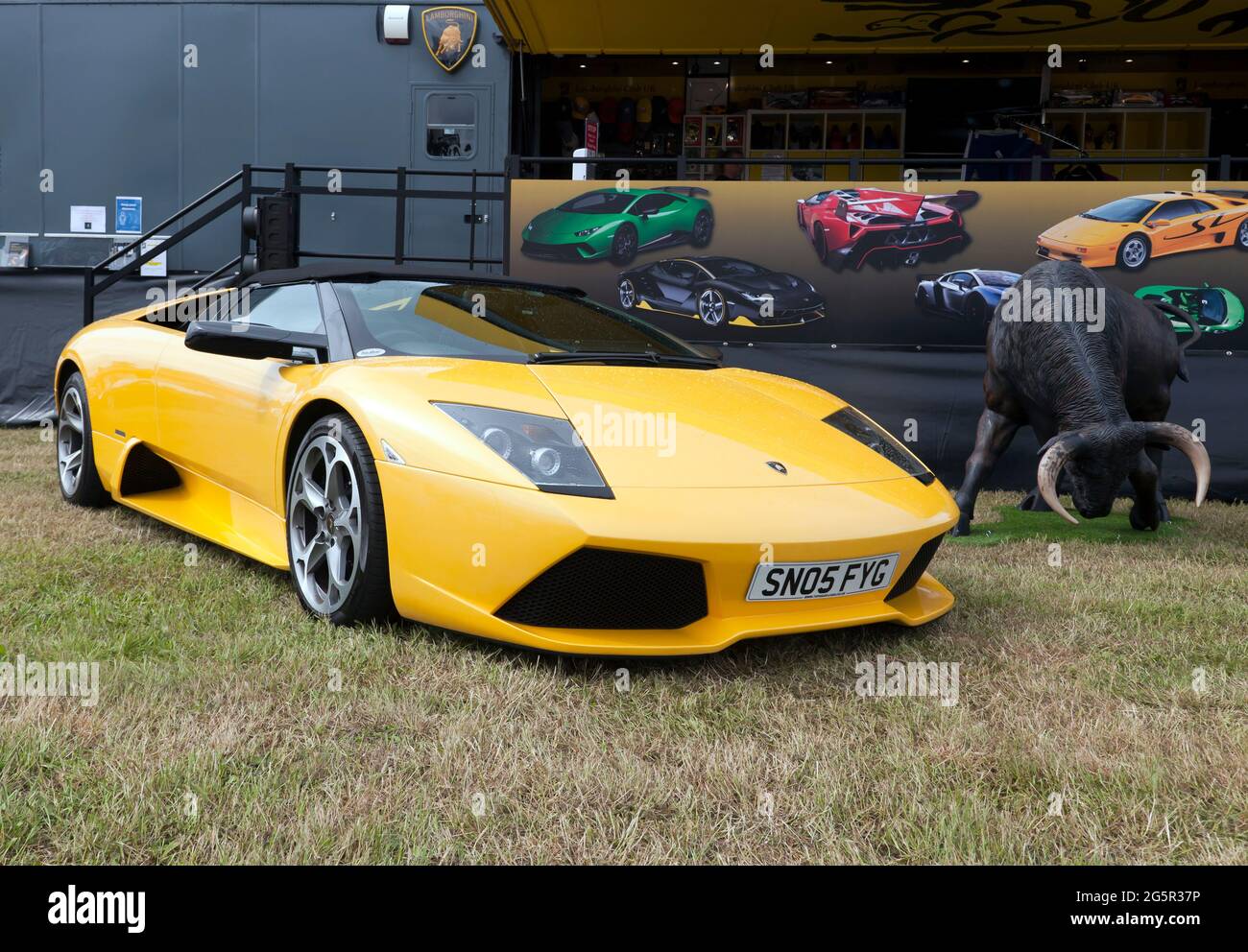 A Yellow, 2005, Lamborghinis Murciélago Roadster, at the 2021 London Classic Car Show, Syon Park Stock Photo