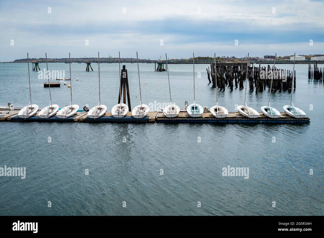 portland, maine, view of docking sailboat on blue water of casco bay Stock Photo