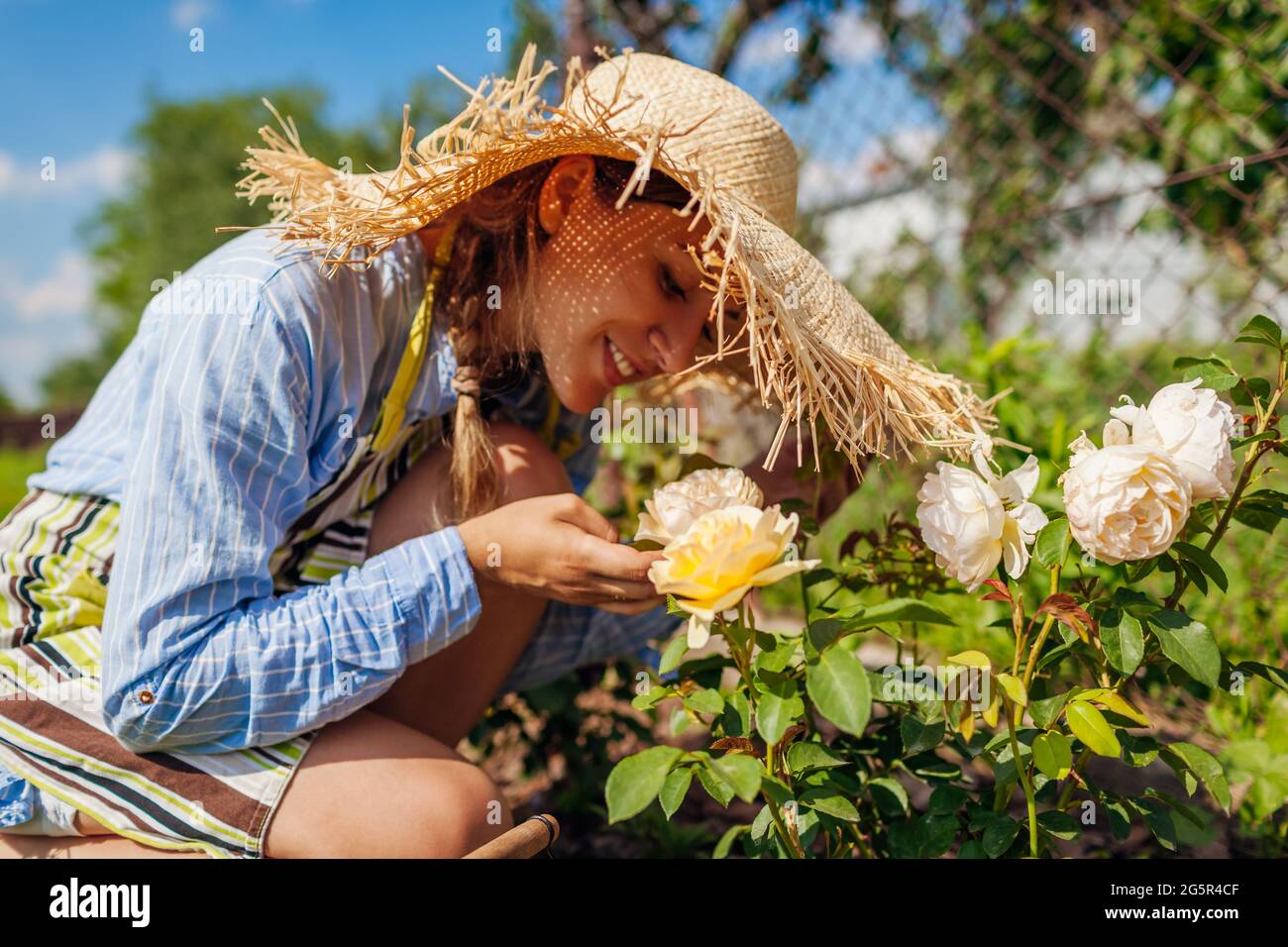 Woman smelling rose garden hi-res stock photography and images - Alamy