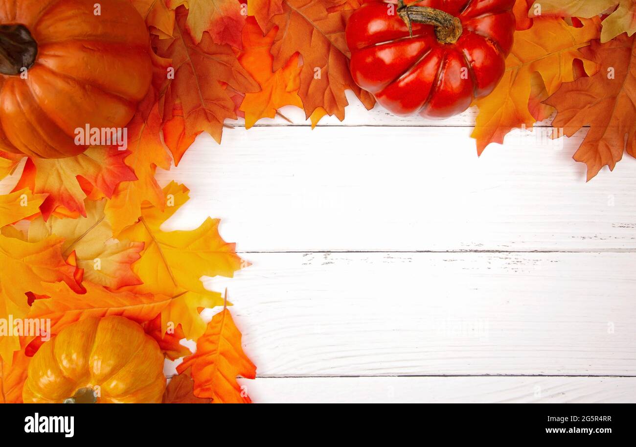 Fall Border Background on a White Wood Surface Stock Photo - Alamy
