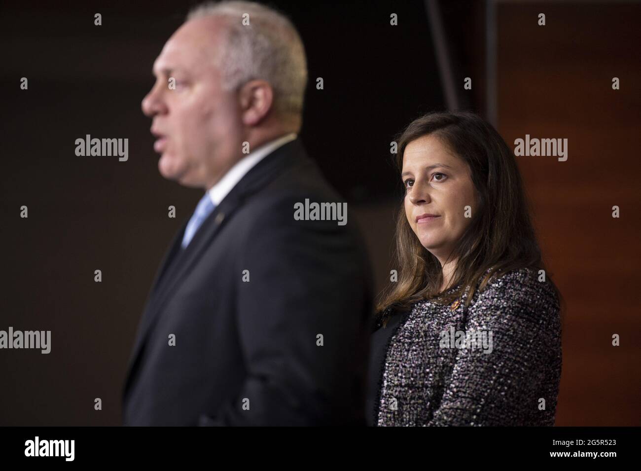 Washington, United States. 29th June, 2021. House Minority Whip Steve Scalise, R-LA, speaks as Rep. Elise Stefanik, R-NY, listens during a press conference on the COVID-19 virus, at the U.S. Capitol in Washington, DC., on Tuesday, June 29, 2021. Photo by Bonnie Cash/UPI Credit: UPI/Alamy Live News Stock Photo