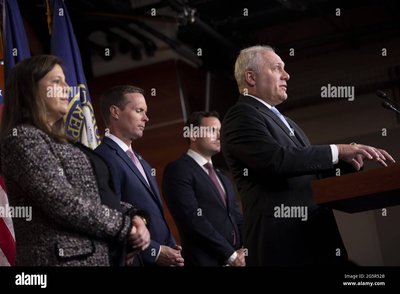 Washington, United States. 29th June, 2021. House Minority Whip Steve Scalise, R-LA, speaks as Rep. Elise Stefanik, R-NY, Rep. Rodney Davis, R-IL, and Rep. Mike Gallagher, R-WI, (L to R) listen during a press conference on the COVID-19 virus, at the U.S. Capitol in Washington, DC., on Tuesday, June 29, 2021. Photo by Bonnie Cash/UPI Credit: UPI/Alamy Live News Stock Photo