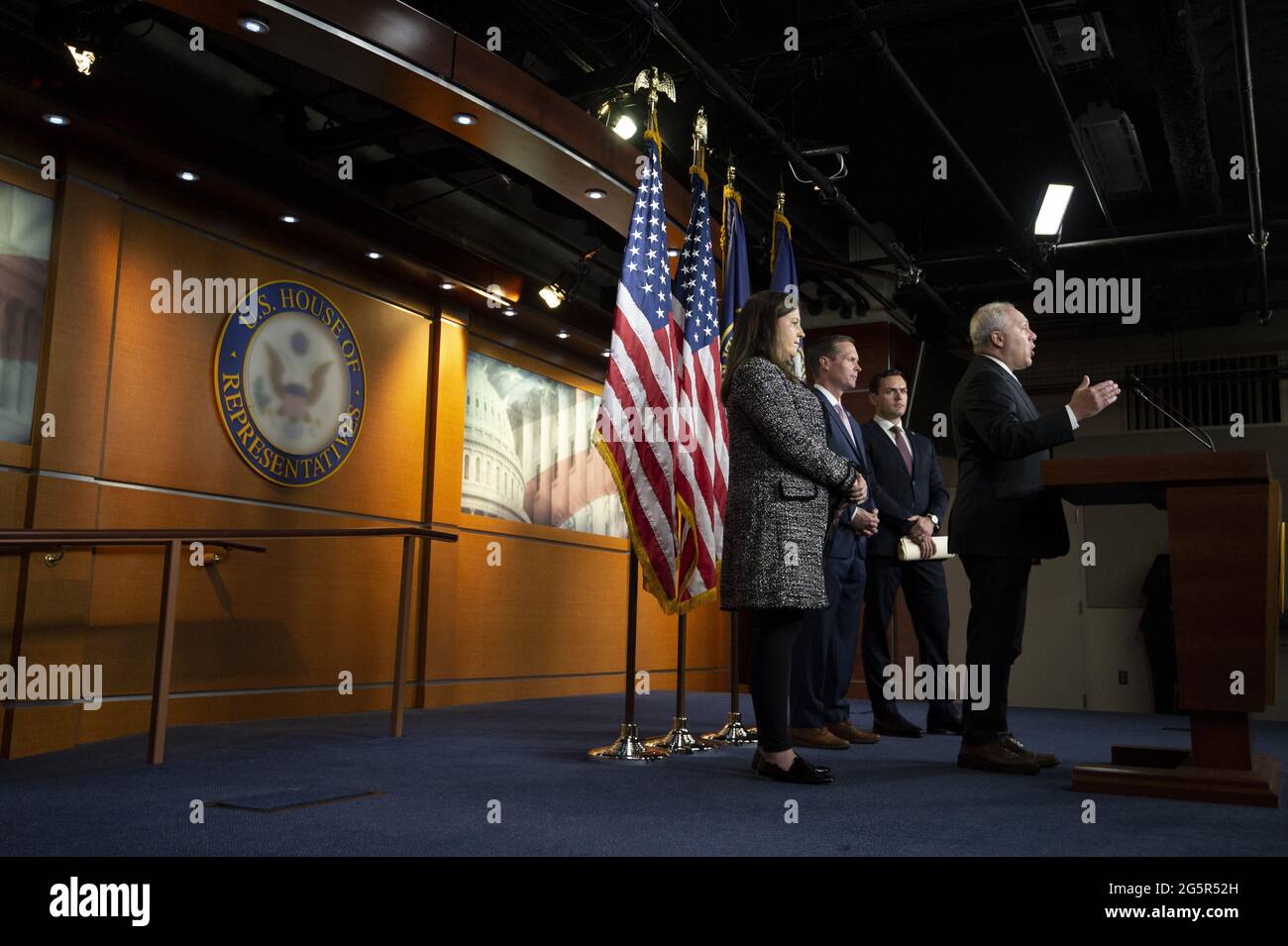 Washington, United States. 29th June, 2021. House Minority Whip Steve Scalise, R-LA, speaks as Rep. Elise Stefanik, R-NY, Rep. Rodney Davis, R-IL, and Rep. Mike Gallagher, R-WI, (L to R) listen during a press conference on the COVID-19 virus, at the U.S. Capitol in Washington, DC., on Tuesday, June 29, 2021. Photo by Bonnie Cash/UPI Credit: UPI/Alamy Live News Stock Photo