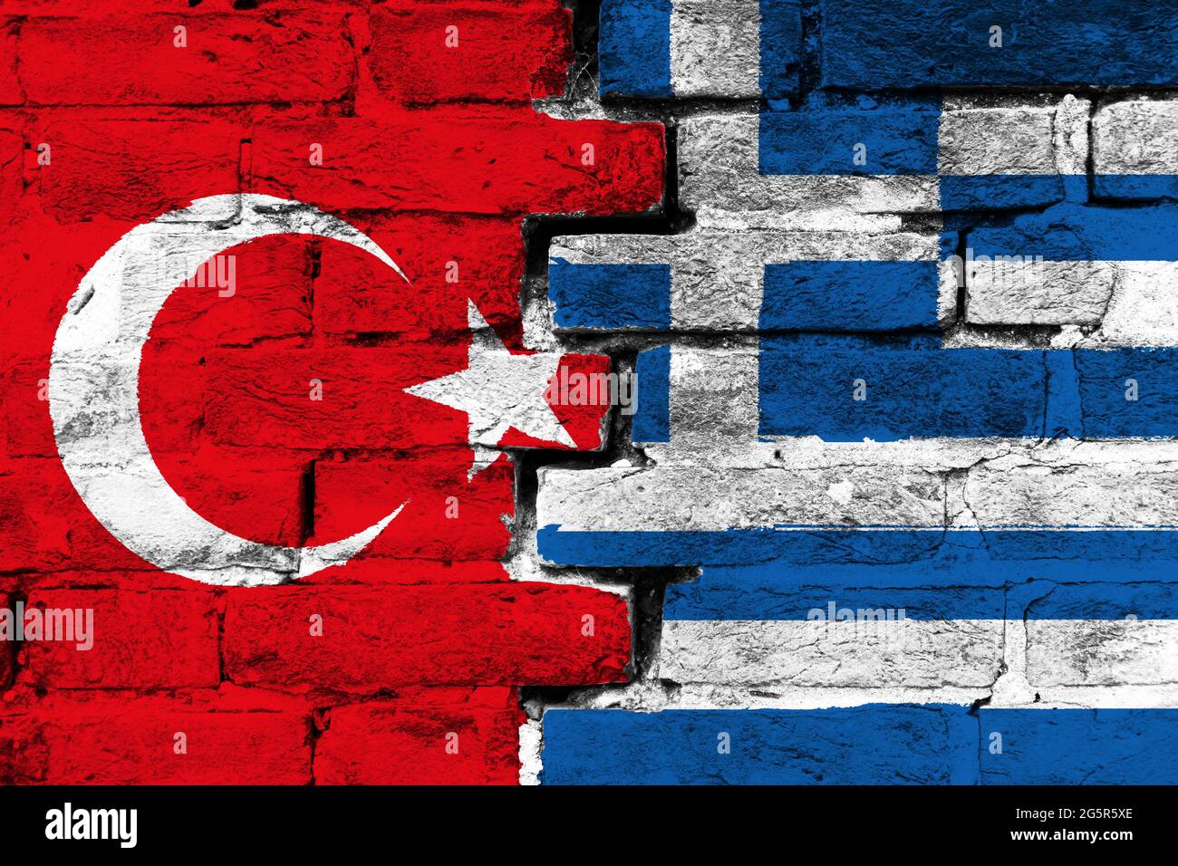 Concept of the relationship between Turkey and Greece with two painted