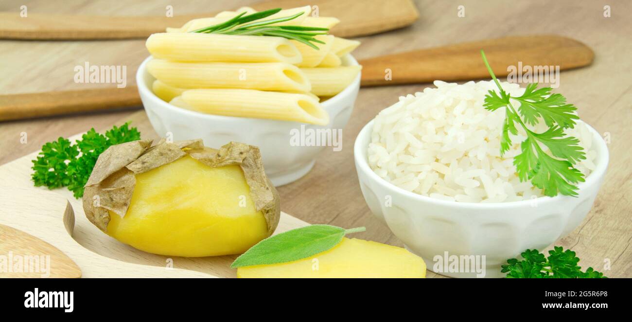 Cooked and cooled potatoes in the skin and rice with pasta resistent starch Stock Photo