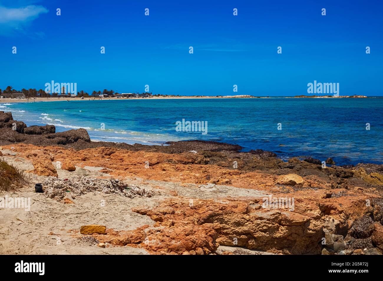 A beautiful view of the Mediterranean coast with birch water, a beach with white sand and a green palm tree. Stock Photo