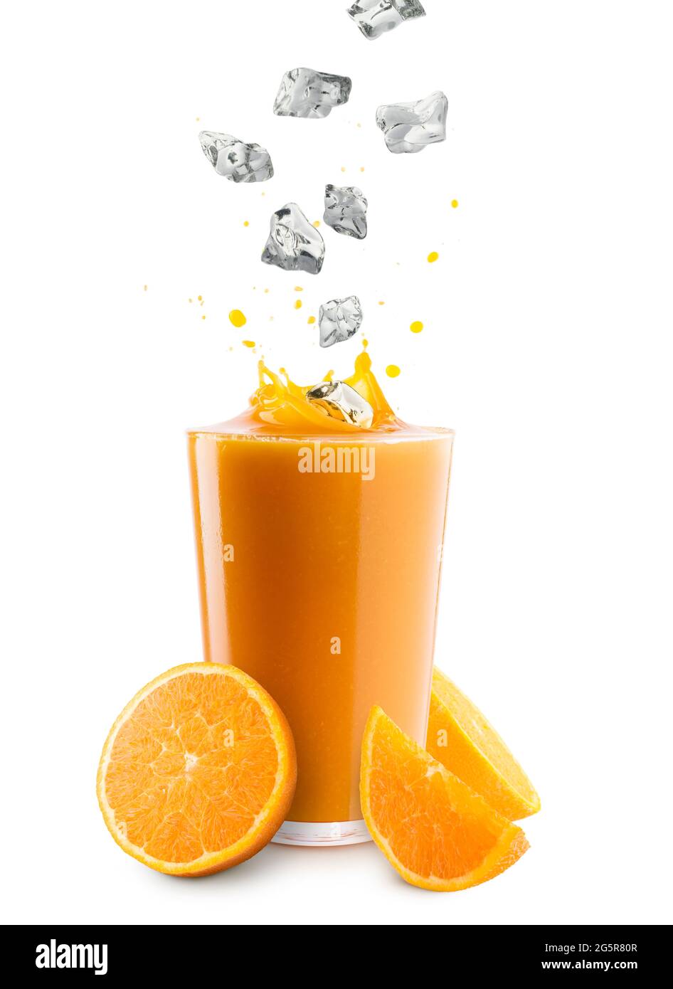 Glass of orange juice with splashing ice cube, on white background