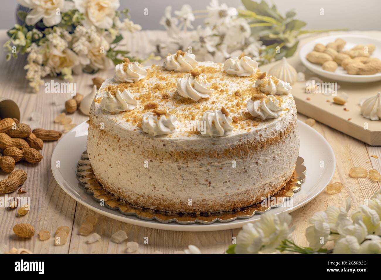 Homemade whole nut cake with whipped cream for birthday party Stock ...