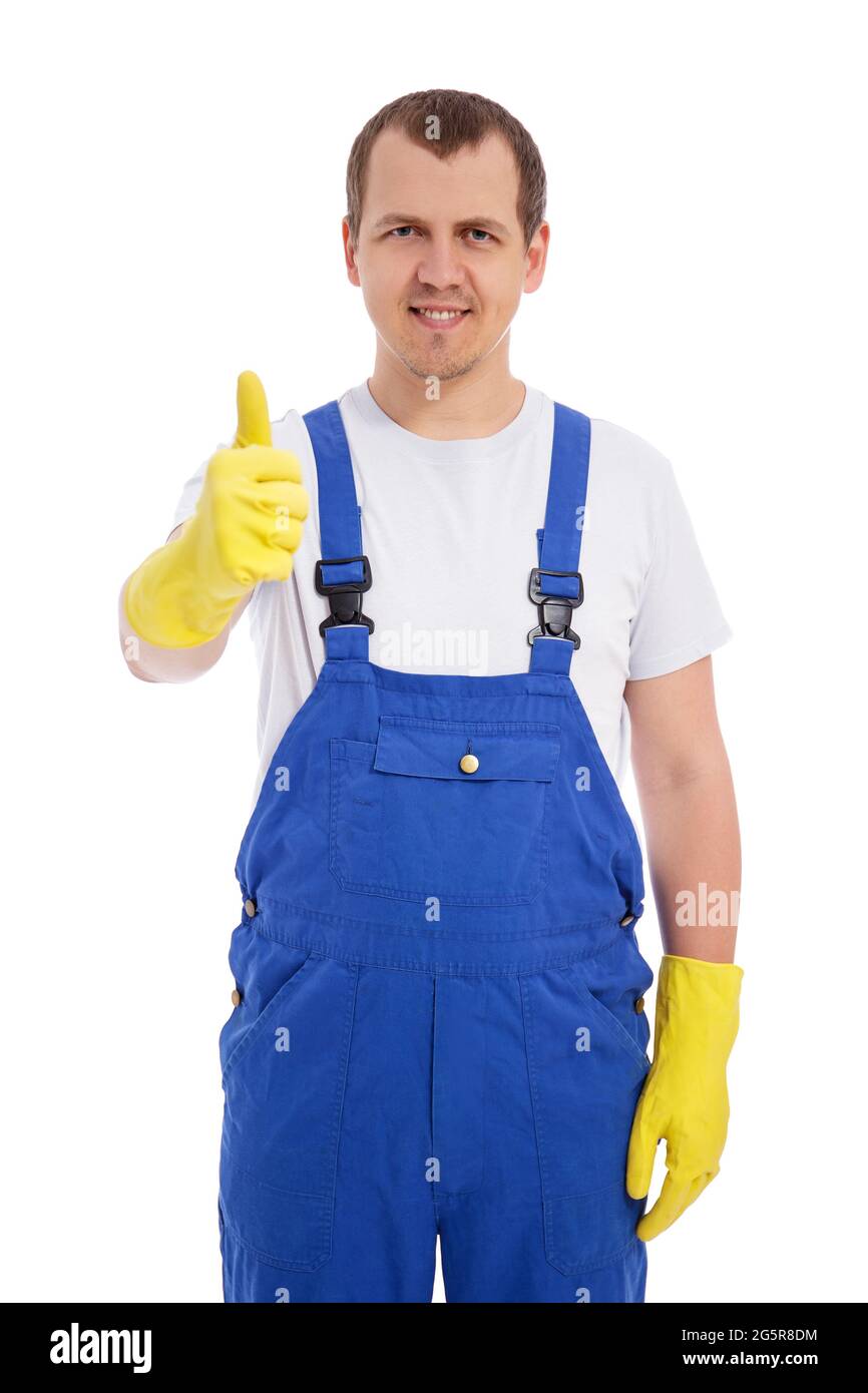 portrait of male cleaner in blue uniform and yellow gloves thumbs up