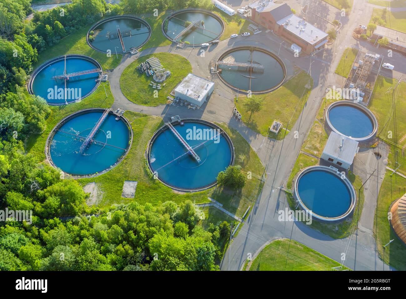 Panoramic view of modern urban wastewater treatment plant water
