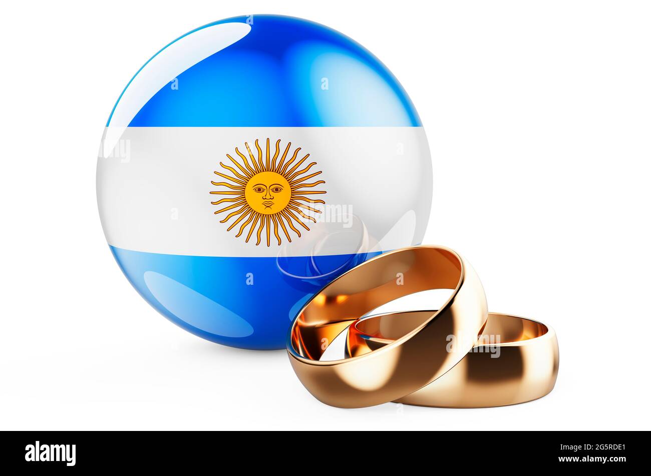Weddings in Argentina concept. Wedding rings with Argentinean flag. 3D