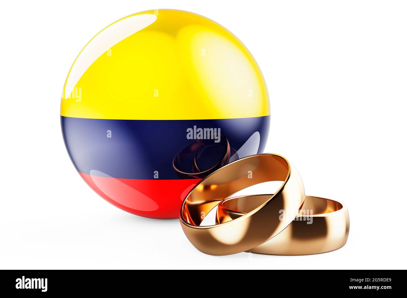 Weddings in Colombia concept. Wedding rings with Colombian flag. 3D