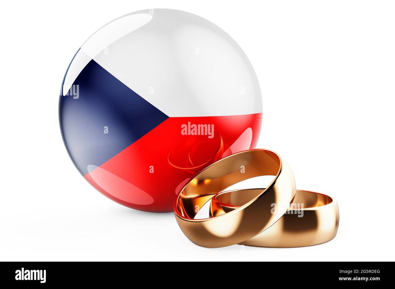 Weddings in Czech Republic concept. Wedding rings with Czech flag. 3D rendering isolated on