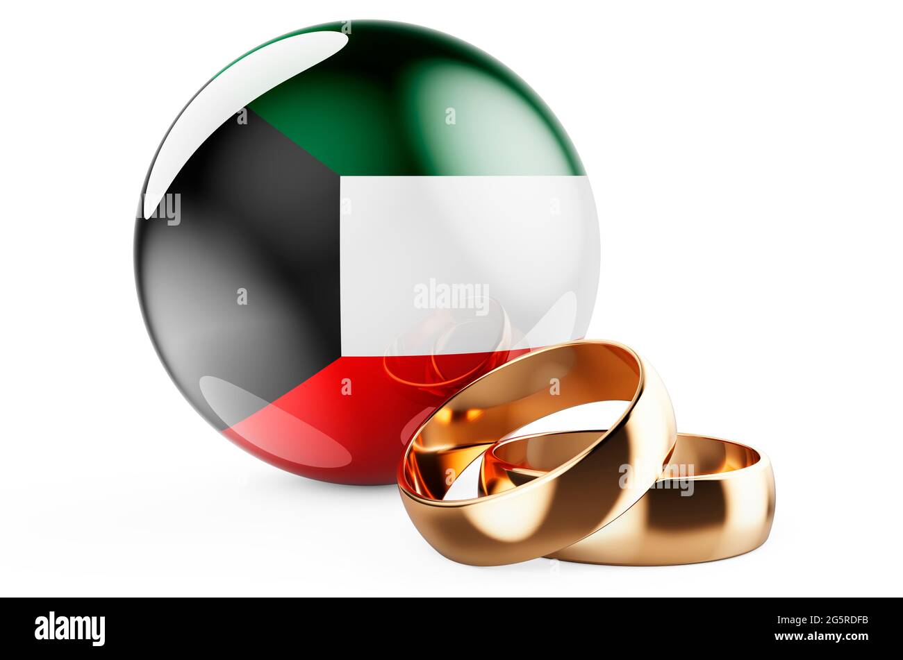 Weddings in Kuwait concept. Wedding rings with Kuwaiti flag. 3D