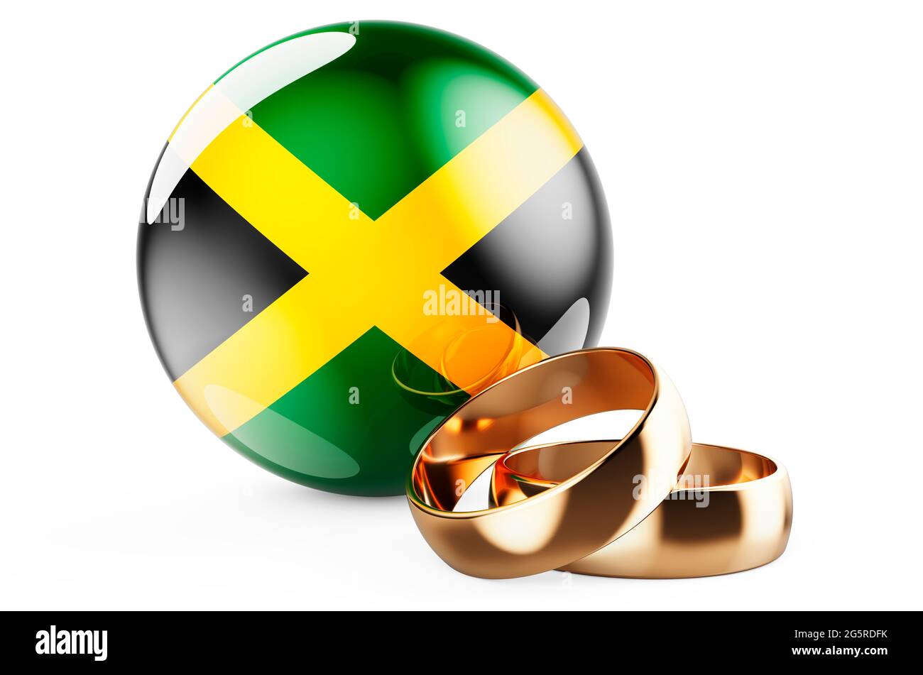 Weddings in Jamaica concept. Wedding rings with Jamaican flag. 3D