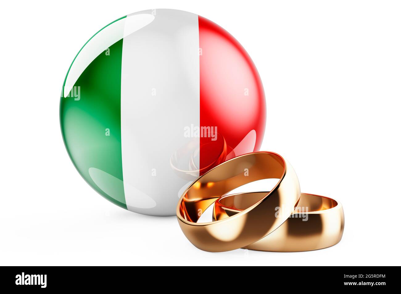 Weddings in Italy concept. Wedding rings with Italian flag. 3D