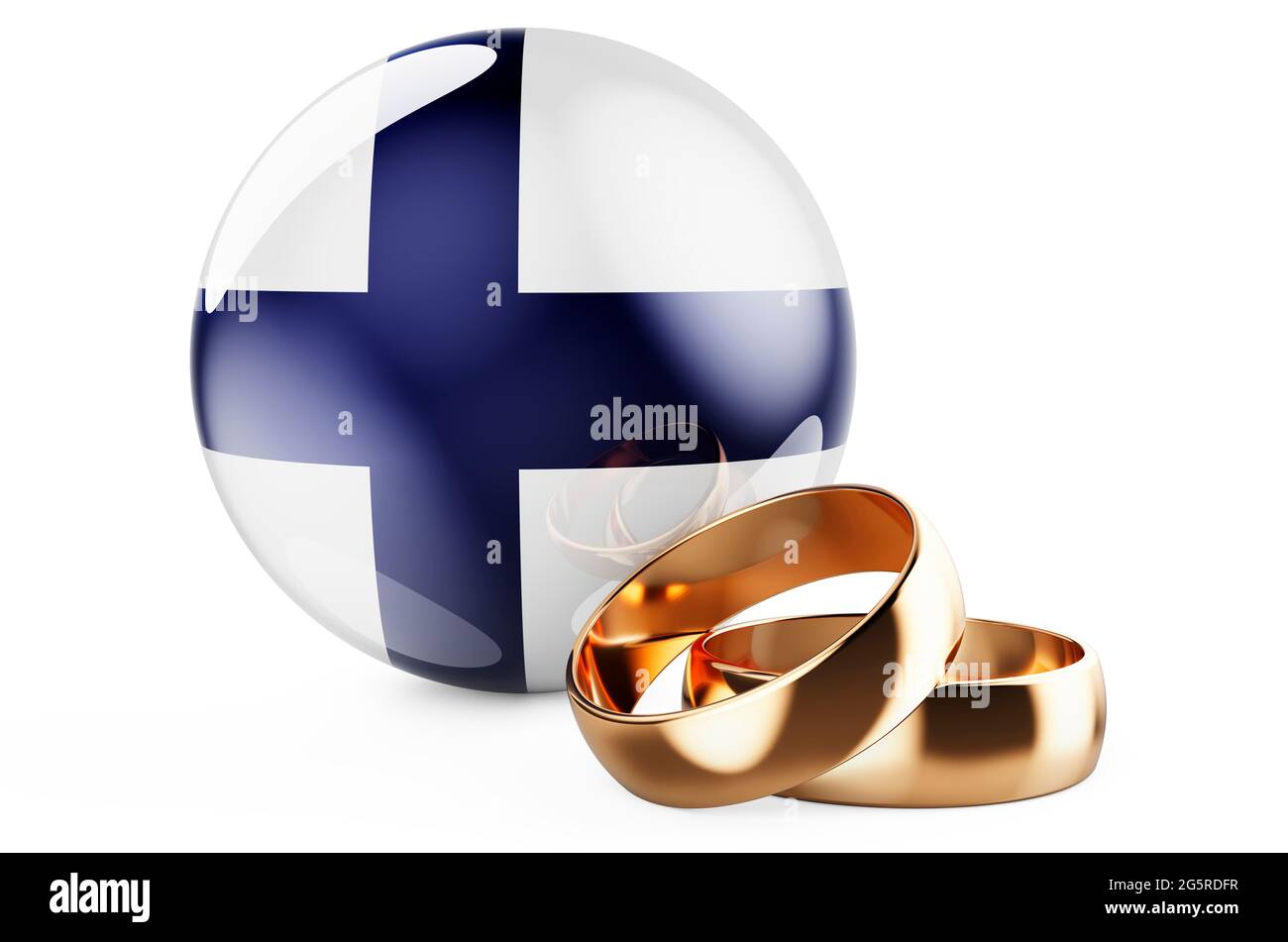 Weddings in Finland concept. Wedding rings with Finnish flag. 3D