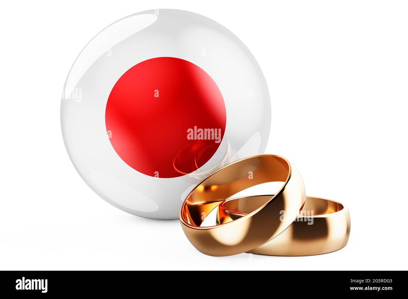 Weddings in Japan concept. Wedding rings with Japanese flag. 3D