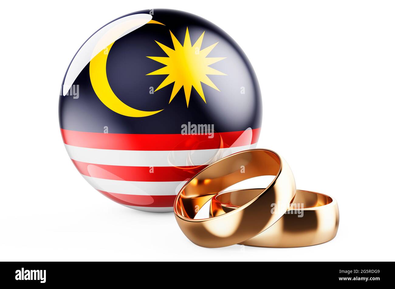 Weddings in Malaysia concept. Wedding rings with Malaysian flag. 3D