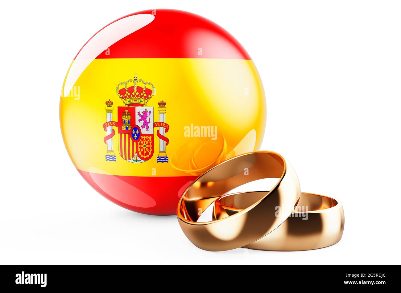 Weddings in Spain concept. Wedding rings with Spanish flag. 3D