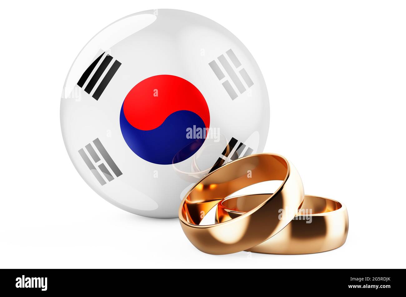 Weddings in South Korea concept. Wedding rings with South Korean flag