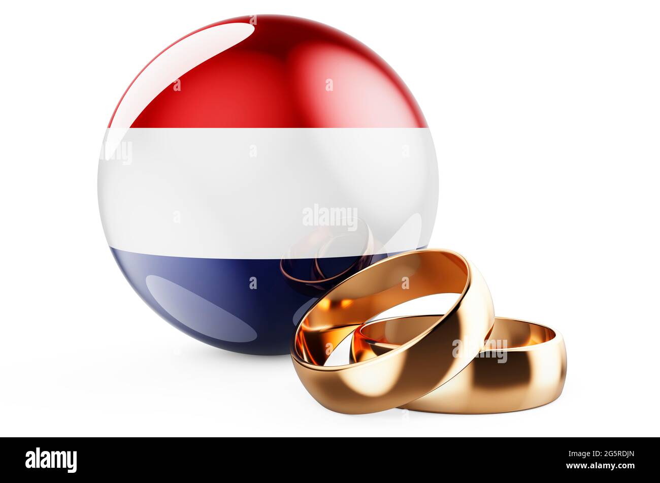 Weddings in the Netherlands concept. Wedding rings with The Netherlands flag. 3D rendering