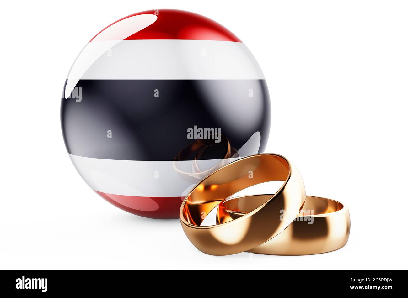 Weddings in Thailand concept. Wedding rings with Thai flag. 3D