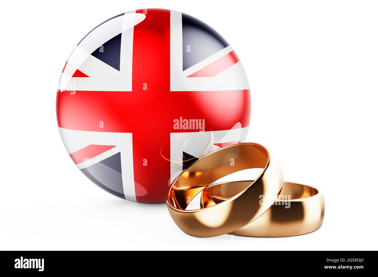 Weddings in the Great Britain concept. Wedding rings with British flag