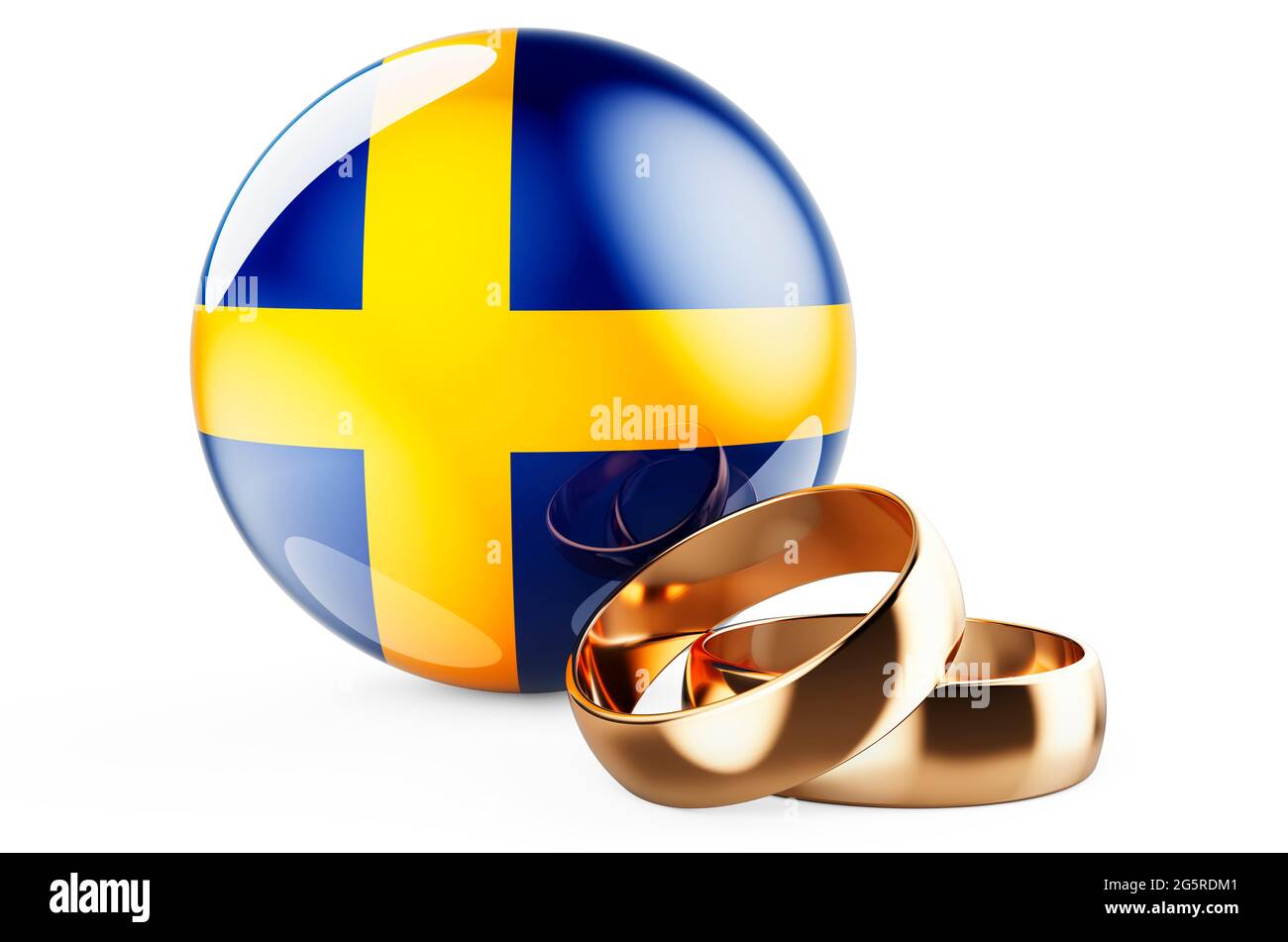 Weddings in Sweden concept. Wedding rings with Swedish flag. 3D