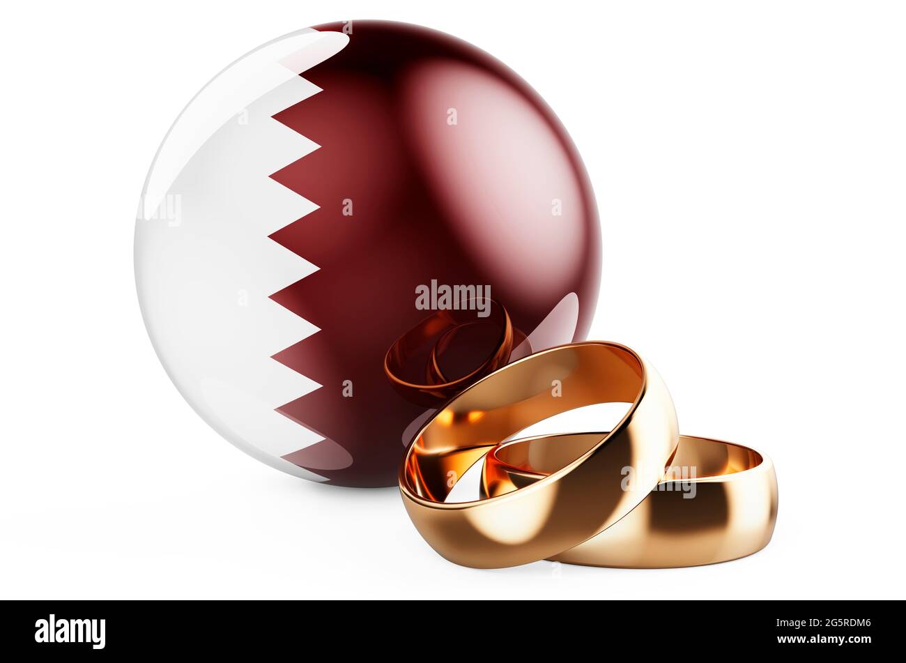 Weddings in Qatar concept. Wedding rings with Qatari flag. 3D rendering