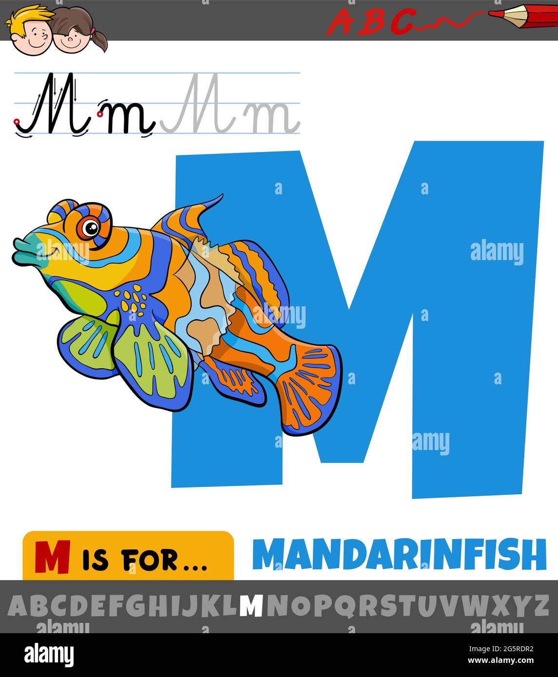 Educational cartoon illustration of letter M from alphabet with mandarinfish fish animal character Stock Vector