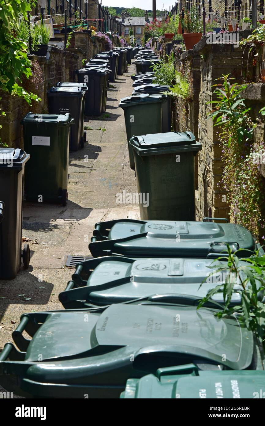 Street of wheelie bins, Saltaire, Shipley, West Yorkshire Stock Photo Alamy