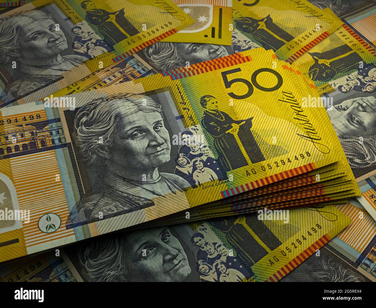 Money of Australia. Australian dollar bills. AUD banknotes. 50 dollars. finance, news background Stock -