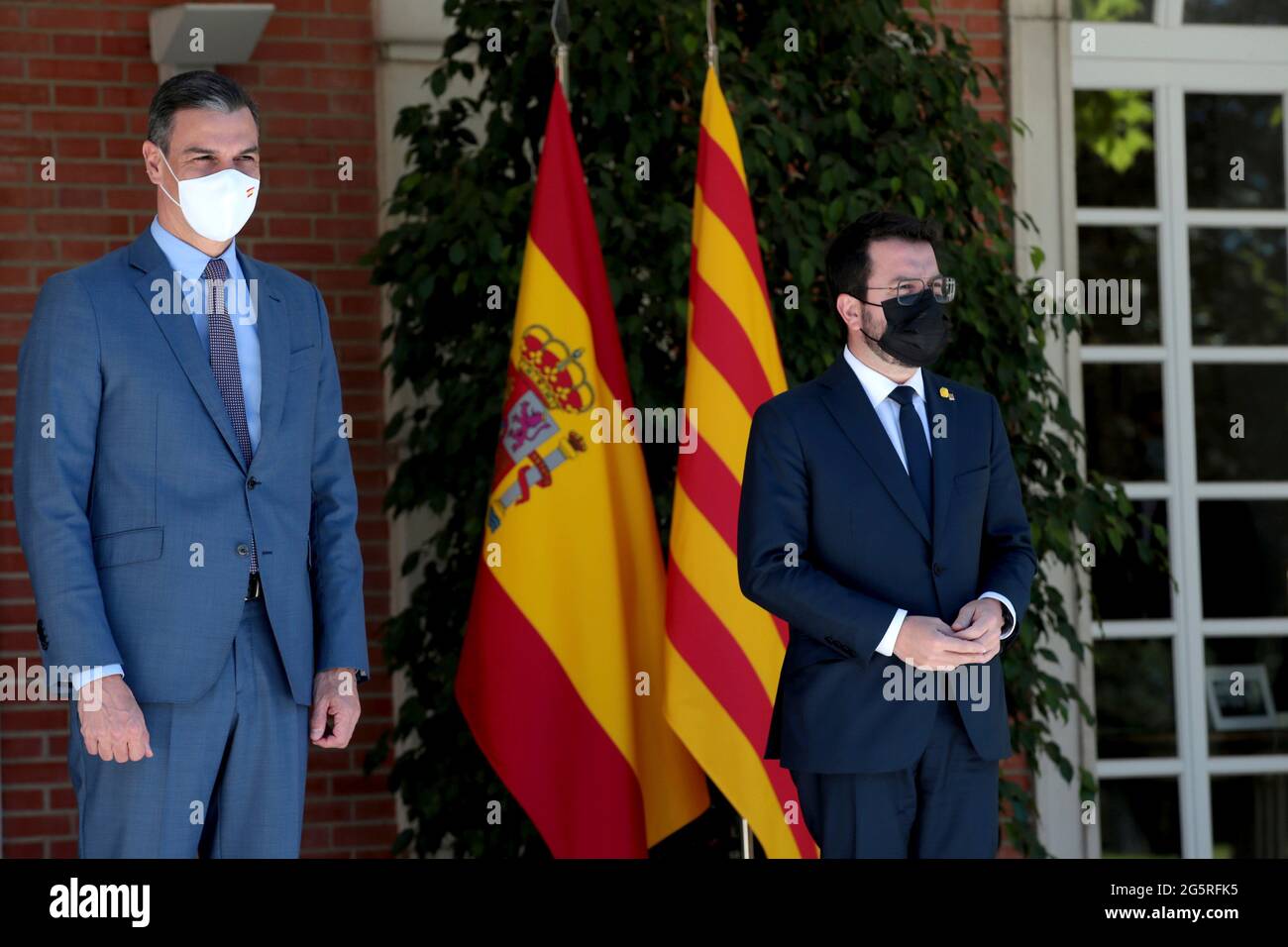 Madrid, Spain; 29.06.2021.- President of the Spanish Government, Pedro Sanchez meets with president of the Generalitat, of Catalonia, Pere Aragonès in the complex of La Moncloa, the first meeting after the pardon granted a week ago to the imprisoned Catalan politicians. Photo: Juan Carlos Rojas Stock Photo
