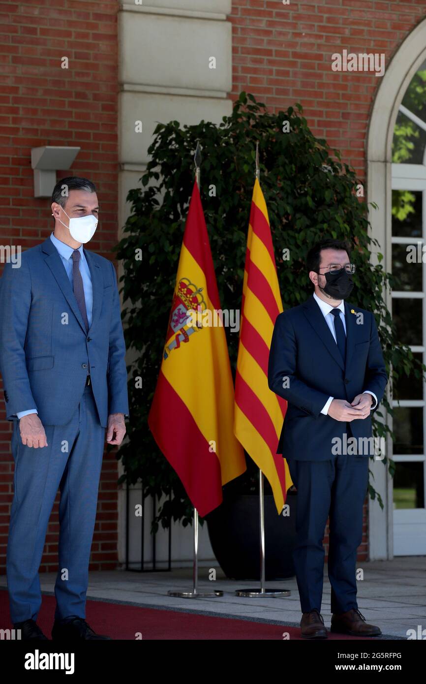Madrid, Spain; 29.06.2021.- President of the Spanish Government, Pedro Sanchez meets with president of the Generalitat, of Catalonia, Pere Aragonès in the complex of La Moncloa, the first meeting after the pardon granted a week ago to the imprisoned Catalan politicians. Photo: Juan Carlos Rojas Stock Photo