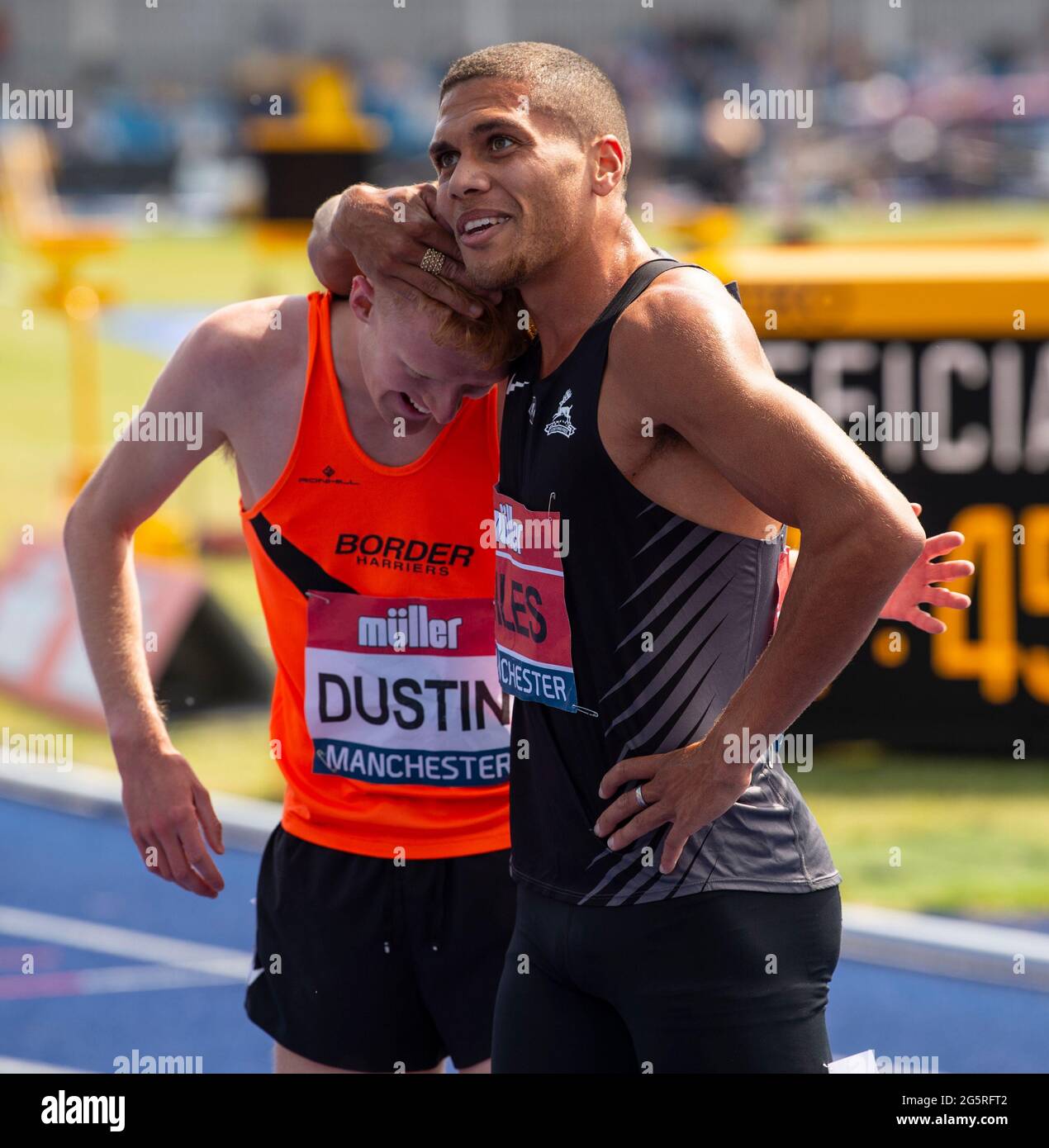 MANCHESTER ENGLAND 25/27 JUN 21 Oliver Dustin and Elliot Giles celebrating after competing in