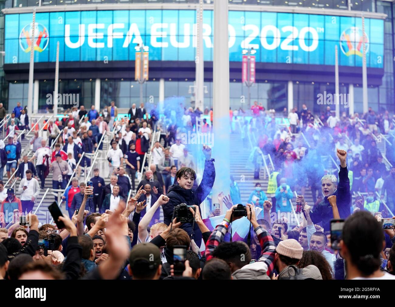 England fans celebrate victory following the UEFA Euro 2020 round of 16 match between England and Germany at the 4TheFans fan zone outside Wembley Stadium. Picture date: Tuesday June 29, 2021. Stock Photo
