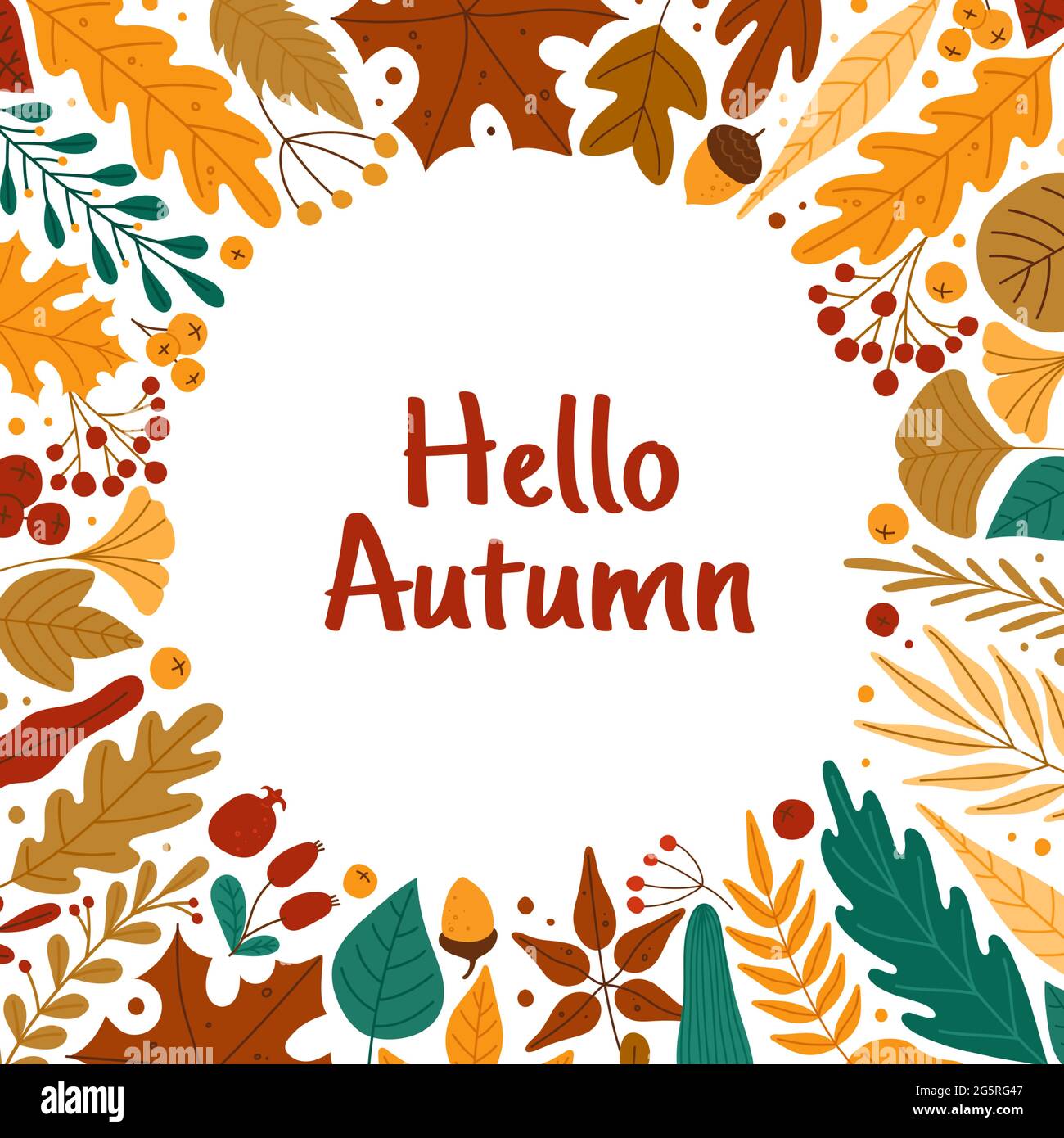 Autumn leaves frame. Hello autumn banner with red or yellow leaves, berries, acorns. Oak, maple fall foliage round border Vector background. Promo poster with colorful plants for adverts Stock Vector